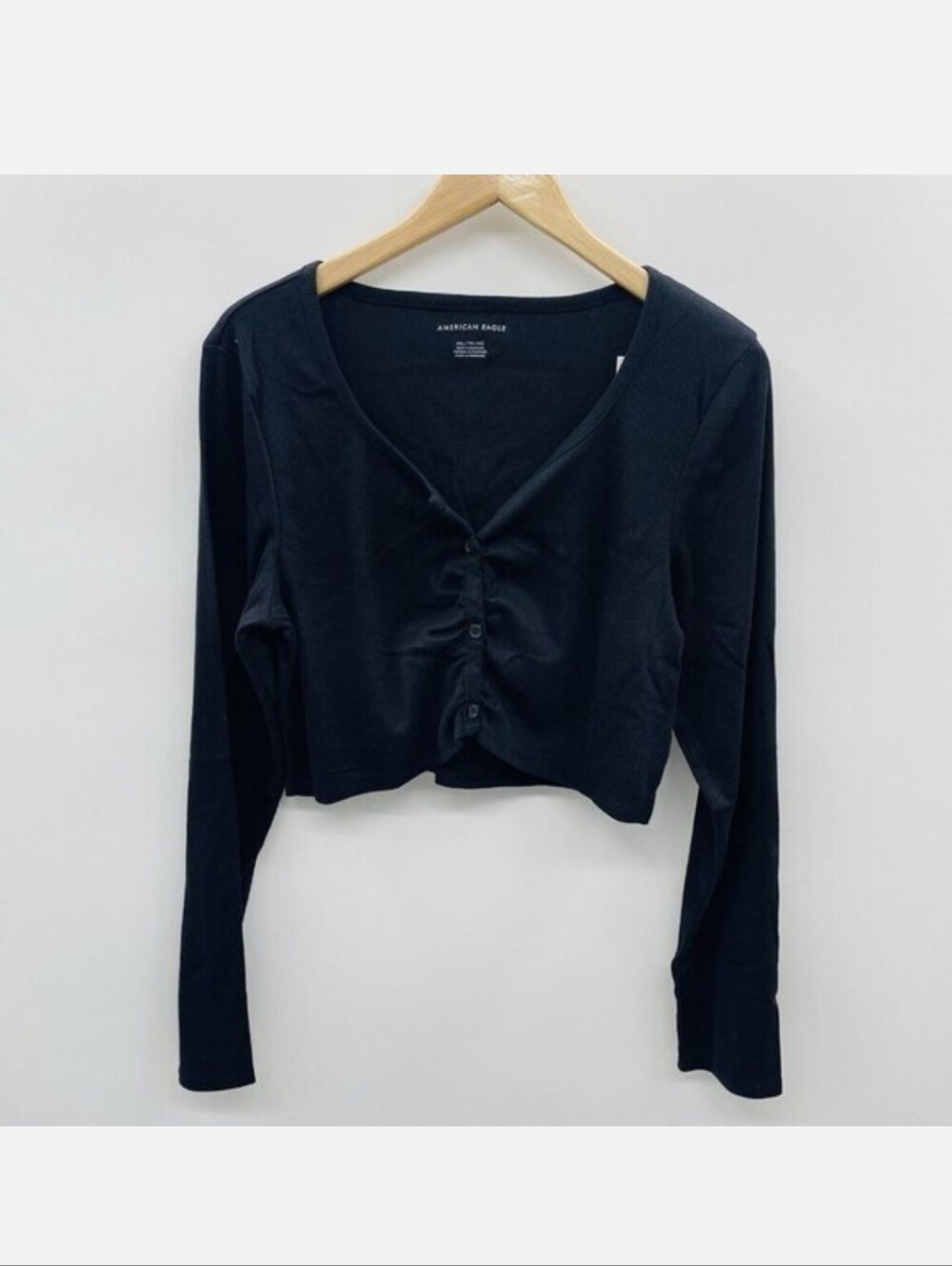 American Eagle Womens Size XXL Long-Sleeve Button-Up Cinch Tee in Black 2474